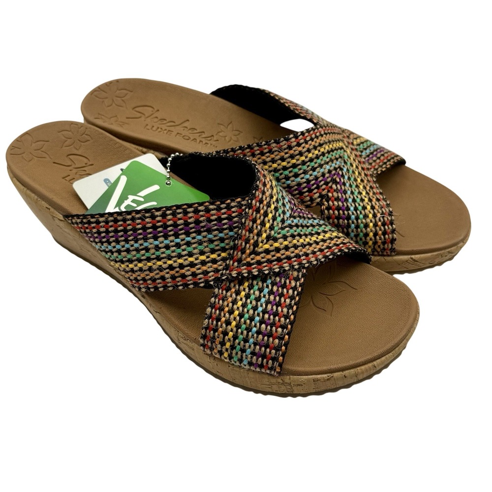 NWT Skechers Beverlee Luxe Vegan Wedge Sandals 8.5 Rainbow Slip On Comfort Boho